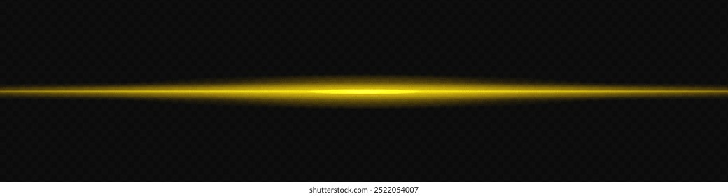 Glowing yellow laser beam horizontally across a dark transparent background, creating a futuristic and high-tech visual effect. Neon flare, laser lines of light. On a transparent background.