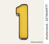 Glowing yellow LED 3d number 1 metallic vector illustration