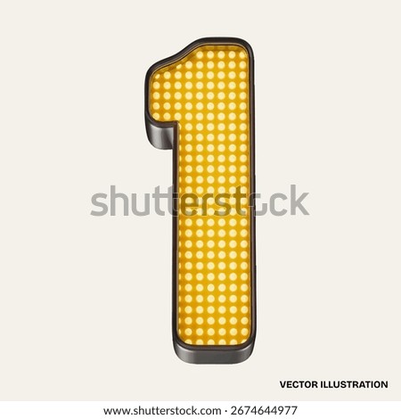 Glowing yellow LED 3d number 1 metallic vector illustration