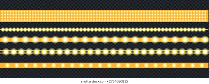 Glowing yellow led light strips and strings on transparent background. vintage marquee borders collection. Realistic neon light bulb. yellow led light ribbons symbol. vector illustration.