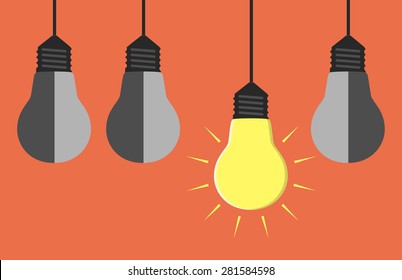 Glowing yellow light bulb hanging among three gray dull ones. EPS 10 vector illustration, no transparency