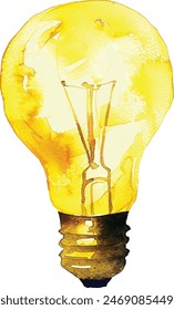 Glowing yellow light bulb idea concept, watercolor painting on white background