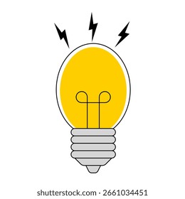Bombilla amarilla brillante con los pernos del rayo – creatividad y concepto de la idea. Ilustración vectorial de una bombilla amarilla brillante con rayos negros circundantes, que representan la creatividad.