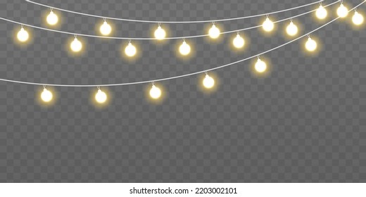 Glowing yellow light bulb with sparkles. Christmas, New Year, wedding or Birthday decor. Set of golden Xmas glowing garland. Bright lights bulbs for poster, card, or web. Led neon lamp. Vector.