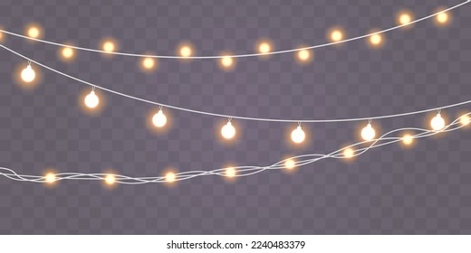 Glowing yellow light bulb with sparkles. Christmas, New Year, wedding or Birthday decor. Set of golden Xmas glowing garland. Bright lights bulbs for poster, card, or web. Led neon lamp. Vector.