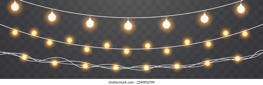 Bombilla de luz amarilla brillante con destellos. Navidad, Año Nuevo, decoración de bodas o cumpleaños. Conjunto de guirnaldas de navidad dorada. Bombillas brillantes para afiches, tarjetas o web. Lámpara de neón. Vector.