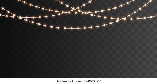 Glowing yellow light bulb with sparkles. Christmas, New Year, wedding or Birthday decor. Set of golden Xmas glowing garland. Bright lights bulbs for poster, card, or web. Led neon lamp. Vector.