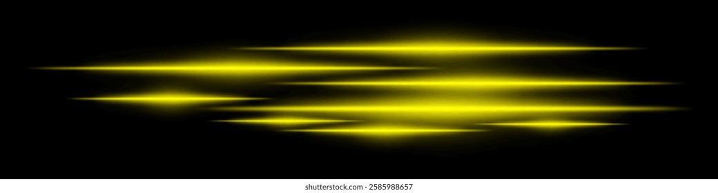 Glowing yellow light streaks on a black background. Horizontal neon beams create a futuristic and high-speed motion effect. Technology, sci-fi, digital energy, and abstract design themes