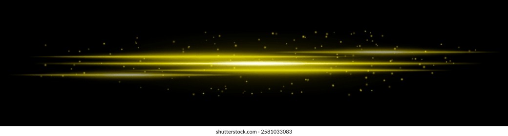 Glowing yellow light streaks with scattered particles on a dark background. Futuristic energy flow, laser effect, neon illumination, and digital speed motion concept.