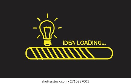 A glowing yellow lightbulb with radiating lines above a progress bar labeled 'IDEA LOADING...' on a dark background.
