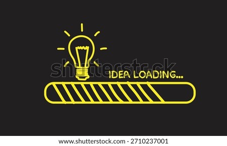 A glowing yellow lightbulb with radiating lines above a progress bar labeled 'IDEA LOADING...' on a dark background.