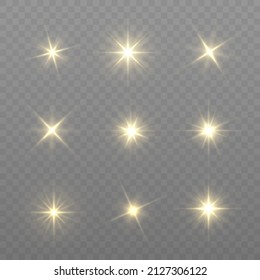 Glowing yellow lights effect. Sun flash with rays and spotlight. The dust sparks and golden stars shine with special light. Gold light particle glare bright star. Projector or car rays. Vector.