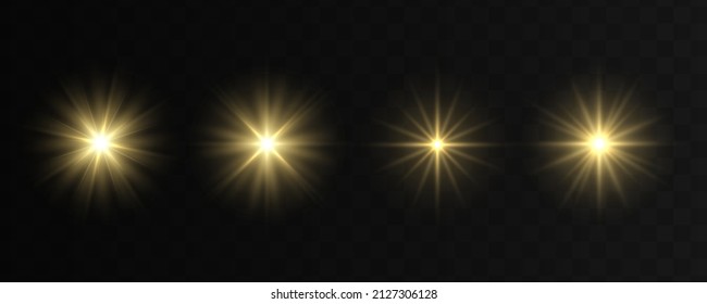 Efecto de las luces amarillas brillantes. El sol brilla con rayos y foco. Las chispas de polvo y las estrellas doradas brillan con luz especial. La partícula de luz dorada resplandece brillante estrella. Proyectores o rayos de coches. Vector.