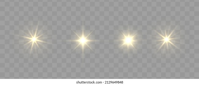 Glowing yellow lights effect. Sun flash with rays and spotlight. The dust sparks and golden stars shine with special light. Gold light particle glare bright star. Projector or car rays. Vector.