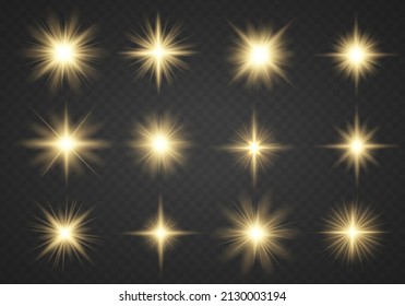 Glowing yellow lights effect. Sun flash with rays and spotlight. The dust sparks and golden stars shine with special light. Gold light particle glare bright star. Projector or car rays. Vector.