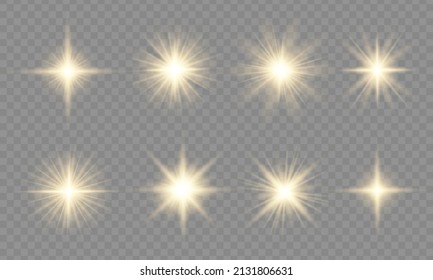 Glowing yellow lights effect. Sun flash with rays and spotlight. The dust sparks and golden stars shine with special light. Gold light particle glare bright star. Projector or car rays. Vector.