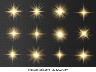 Glowing yellow lights effect. Sun flash with rays and spotlight. The dust sparks and golden stars shine with special light. Gold light particle glare bright star. Projector or car rays. Vector.