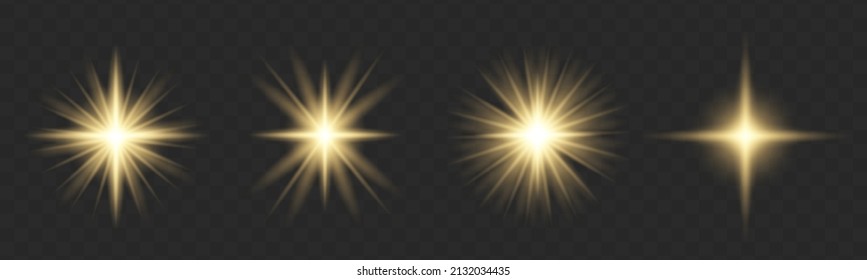 Glowing yellow lights effect. Sun flash with rays and spotlight. The dust sparks and golden stars shine with special light. Gold light particle glare bright star. Projector or car rays. Vector.