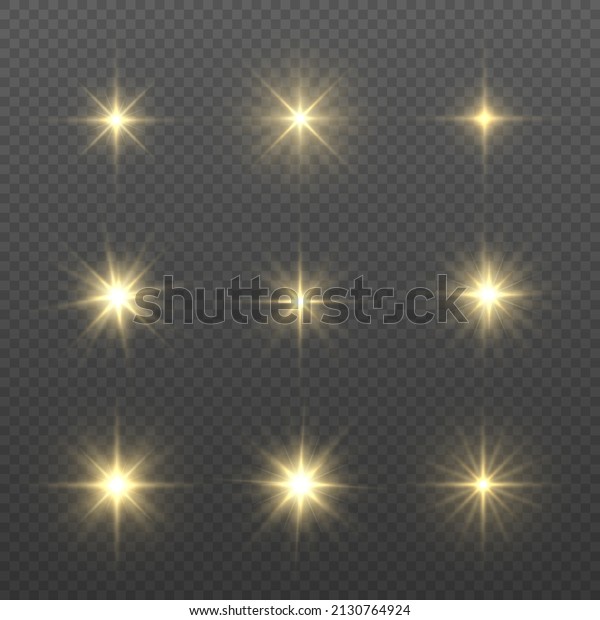 Glowing yellow lights effect. Sun flash with rays\
and spotlight. The dust sparks and golden stars shine with special\
light. Gold light particle glare bright star. Projector or car\
rays. Vector.