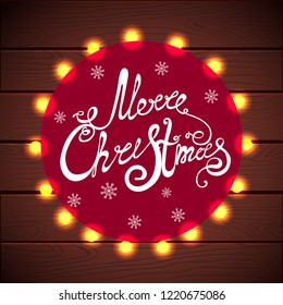 glowing yellow lights, wreath, on wooden background for design, snowflakes, merry Christmas, vector illustration 