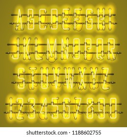 Glowing yellow neon alphabet with letters from A to Z and digits from 0 to 9 on transparent background. Shining neon effect. Every letter is separate unit with wires, tubes, brackets and holders.