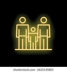 Glowing yellow neon icon of a family standing together on a black background