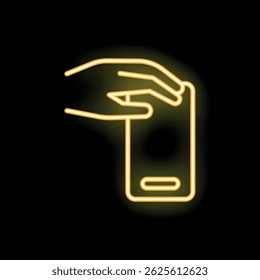 Glowing yellow neon icon of a hand holding a smartphone