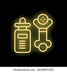 Glowing yellow neon icon of pet medicine and a dog chew bone toy, perfect for pet shop advertisement