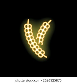 Glowing yellow neon icon of wheat is isolated on a black background