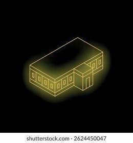 Glowing yellow neon illustration of an isometric building with large windows
