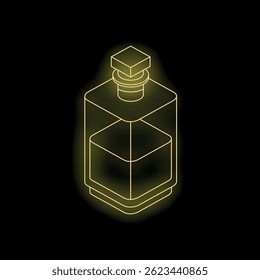 Glowing yellow neon isometric perfume bottle on a black background, representing luxury, fragrance, and elegance