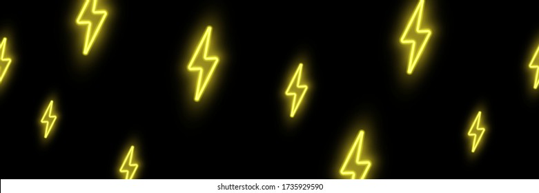 Glowing yellow neon lightning bolt horizontal seamless pattern. Repeated texture on black background. Abstract geometric design. Strong fashion trendy wallpaper with light zigzag decor. Vector