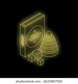 Glowing yellow neon line art illustration of children's toys on a black background