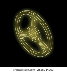 Glowing yellow neon outline of a sports car steering wheel on a black background