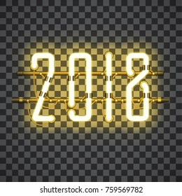 Glowing Yellow Neon sign 2018 on transparent background with wires, tubes, brackets and holders. Vector element for New Year card, logo or other design. Shining and glowing effect. Vector.