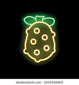 Glowing yellow neon sign of a cherimoya fruit with green leaves, shining on black background