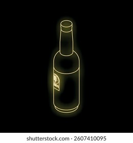 Glowing yellow neon sign depicting a bottle of beer, viewed from above