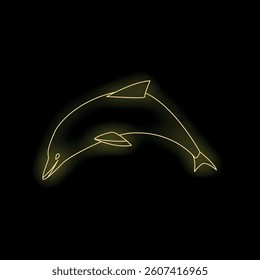 Glowing yellow neon sign of a dolphin jumping out of water, on a black background