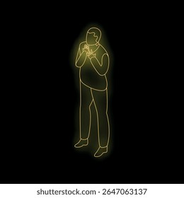 Glowing yellow neon sign of a grateful businessman holding hands on chest, expressing thankfulness and appreciation