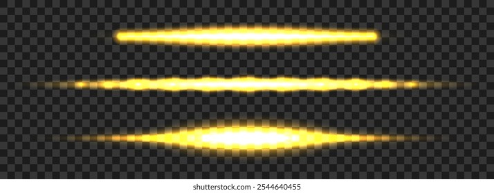 Glowing yellow neon tube lamp set. Led light line beam collection. Bright luminous fluorescent bar stick lines. Shining warm color strip element pack to divide, separate, decorate. Vector illustration