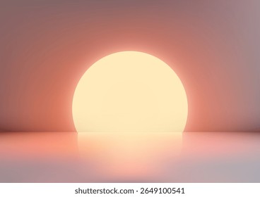 l'orbe jaune scintillant s'élève d'une surface réfléchissante au lever du soleil, entourée d'un doux dégradé de pêche et de gris. Cet abstrait minimaliste capture calme, élégance et beauté moderne dans le design