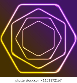 Glowing yellow and purple neon hexagons shiny background. Energy luminous effect logo vector template design
