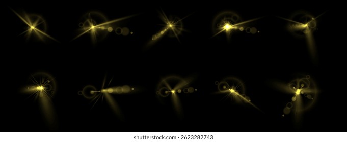 Glowing yellow and red spotlight with lens flare and bright stage beams, isolated light burst on transparent background for festive, concert, or stadium vector designs