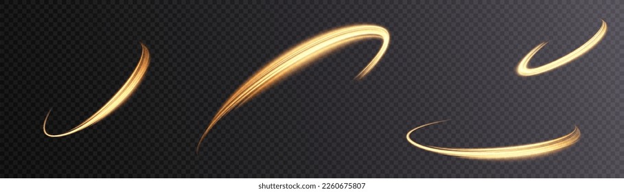 Glowing yellow speed lines. Light glowing effect. Abstract lines of motion. Light trail wave, fire path trace line, car headlights, optical fiber and filament curve swirl png.