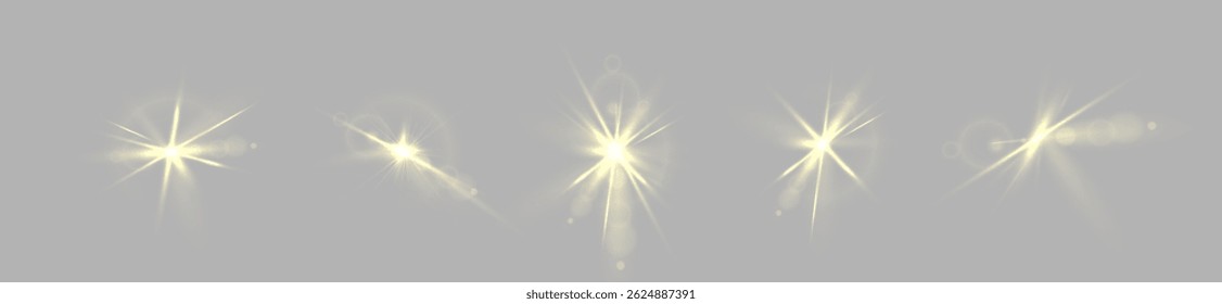 Glowing yellow spotlight with radiant shine and lens flare on transparent background, bright sunbeam effect for festive, luxury, or stage light vector designs