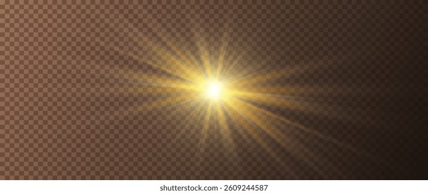 Glowing yellow star light on transparent background. Realistic starburst lighting. Rays of light and glare. Abstract yellow and orange light effect. Spark star. Vector illustration