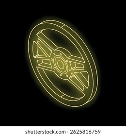 Glowing yellow steering wheel spinning on black background, representing driving, racing, and automotive concepts