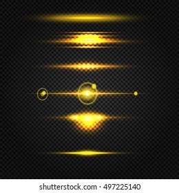 Glowing  yellow sun light effects isolated on transparent background. Set of Abstract Lens Flares, Glowing stars, Lights and Sparkles on Transparent Background. Transparent Light Effects for Design
