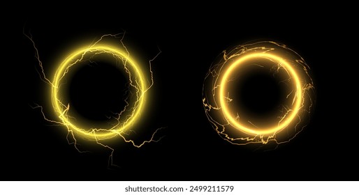 Efecto círculo de trueno amarillo brillante. Ilustración vectorial de dos marcos circulares eléctricos con rayos y arcos de energía sobre fondo negro. Adecuado para diseños de tecnología y ciencia ficción.