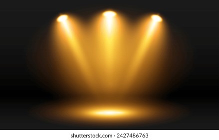 Glühender gelber transparenter Lichteffekt auf dunklem Hintergrund. Beleuchtete Bühne, Flutlichter. Studiobeleuchtung. Vektor EPS 10.
